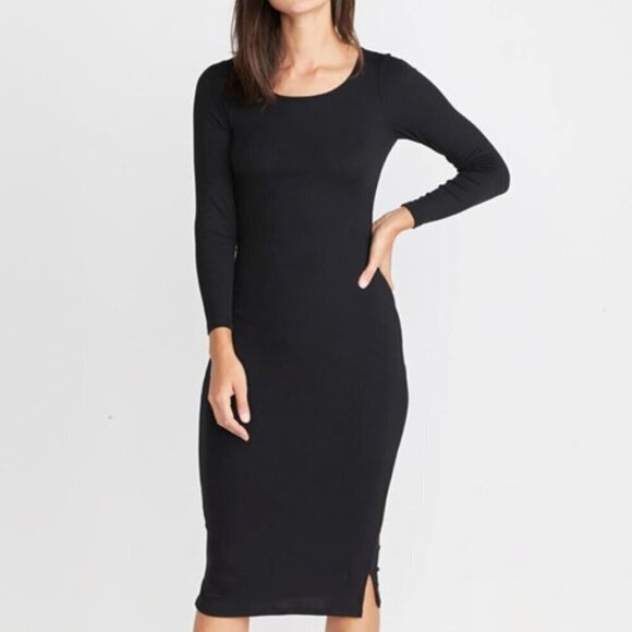 Marine Layer Lexi Midi Dress Longsleeve L Black Rib Knit Long Sleeves Slit Maxi - Picture 3 of 11